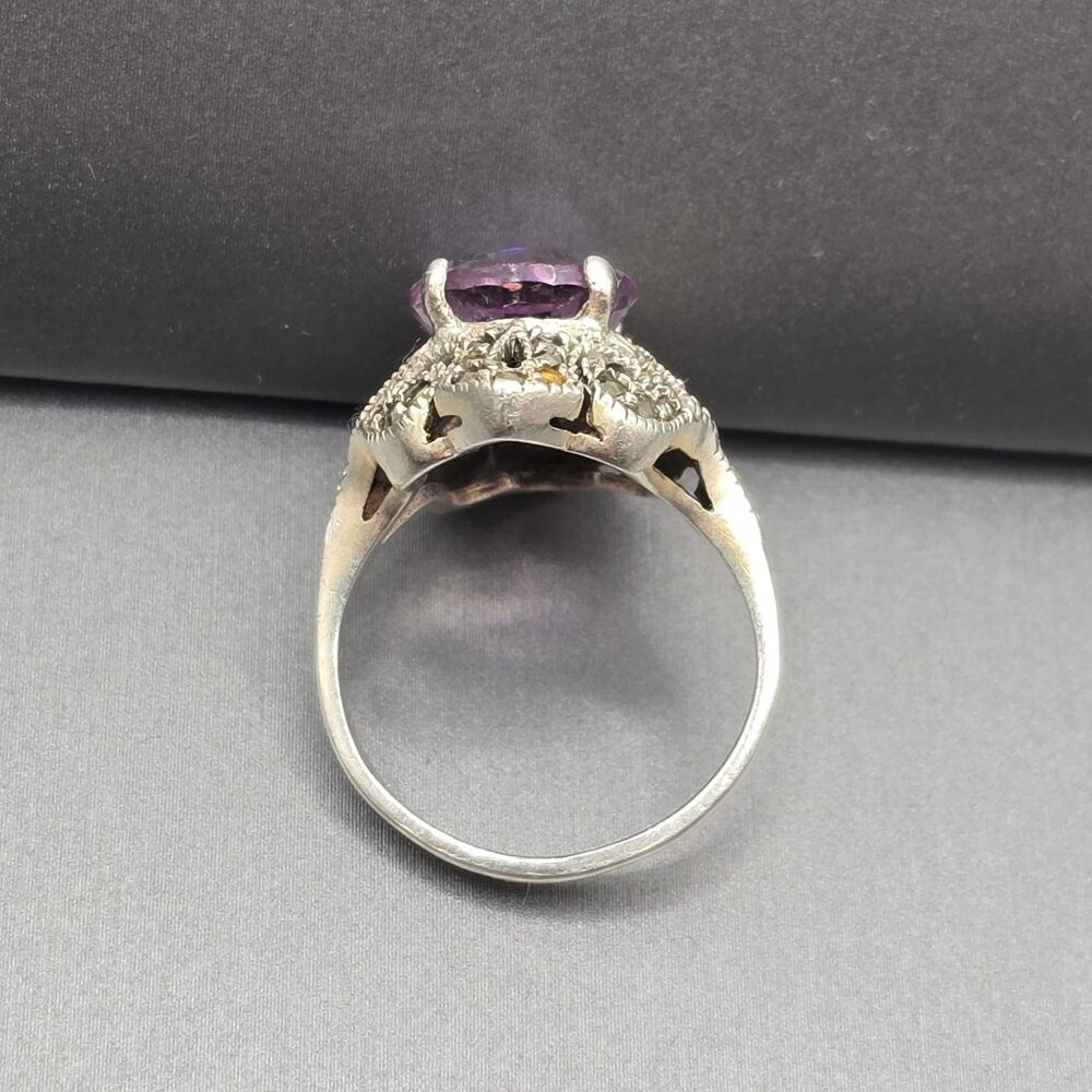 VTG Sterling Silver Amethyst Marcasite Cocktail Ring Size 6.5 Signed TH Art Deco - Picture 3 of 13